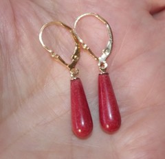 Genuine 14K Red Jade Elongated Medium Size Tear drop Lever back Earrings