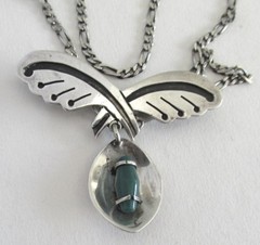 VINTAGE MEXICO STERLING NECKLACE PENDANT BROOCH w CHRYSOPRASE, 2 1/4 INCH PENDT