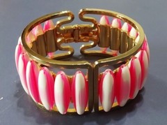 Vintage Hinged Pink & White Stripe Peppermint Lucite & Metal Clamper BRACELET