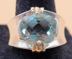 Vintage Sterling Silver 925 Large Cushion-Cut Aquamarine & Gold Accents Size 8.5