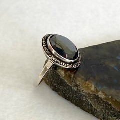 VTG Sterling Silver 935 +W+ Oval Faceted Hematite & Marcasite Ring Sz 6.25