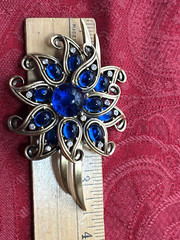 Trifari Vintage Gold Tone Blue Cabachon Stone Rhinestone Brooch 3 1/2″ SCARCE