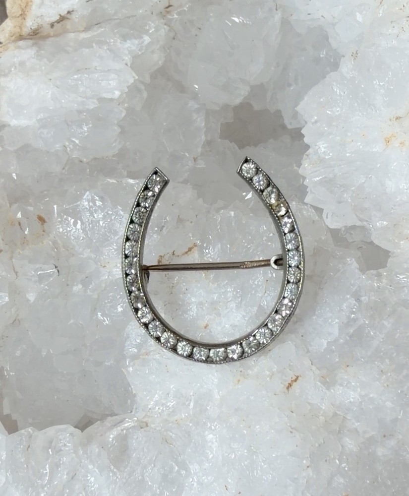 Antique Edwardian Rhinestone Horseshoe Brooch Pin Good Luck Equestrian