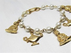 Vintage Genie & Magic Lamp Charm Bracelet for Girls- Faux Pearls- Gold Plated