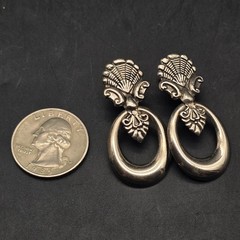 Silver Tone Art Nouveau Earrings Ornate Door Knocker Pierced Post Vintage