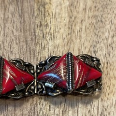 Impressive Vtg Czech Art Glass Red & Copper swirl triangle Bracelet