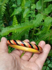 Vintage Art Deco Celluloid Bracelet Bangle Candy Striped Carved A Real Find!