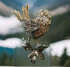 Bird on Leaves Brooch Signed Art Mode Bird Brooch Goldtone Plated 70’s NOS