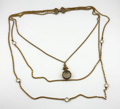 Vintage Signed Goldette 3 Strand Carved Clear Cameo Bezel Necklace Gold Tone