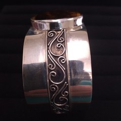 Sterling Indonesia 925 Bangle Wide Cuff with Round Faceted Tiger Eye Stone