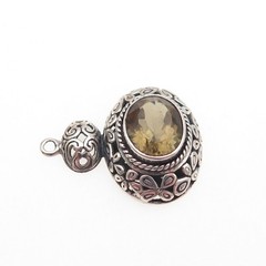 925 Sterling Silver Vintage Real Smoky Quartz Floral Scroll Oxidized Pendant