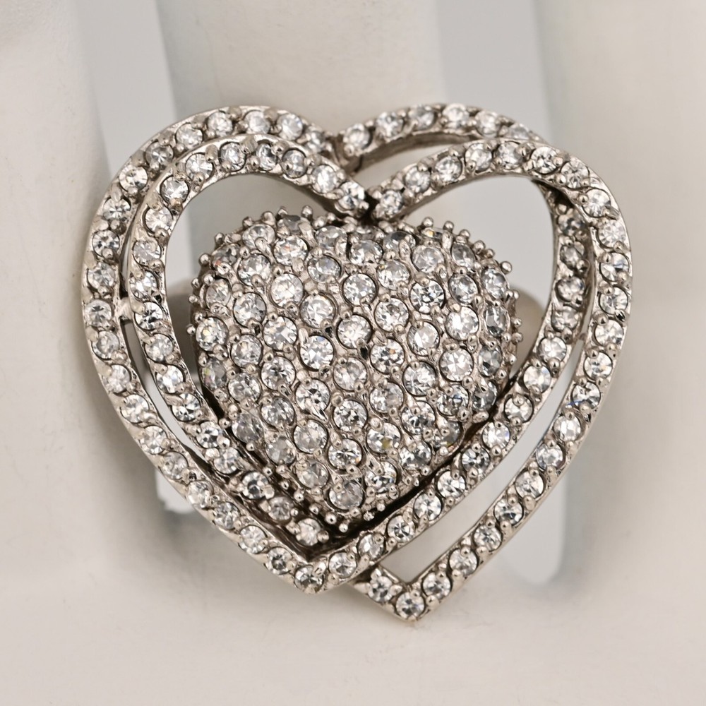 Original Vintage Sterling Siilver Zirconia Moissanite Gemstone Pave Heart Ring