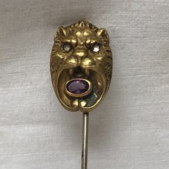 Victorian Gold Filled Lion Face Stick Pin Glass Eyes and Mouth