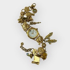 Vintage Kirks Folly Wizard of Oz Moon Phase Charm Bracelet Watch K46Y Gold Tone