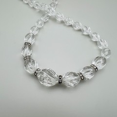 Vintage Bead Necklace Faceted Clear Crystal 30 in Silvertone Rhinestone Stations