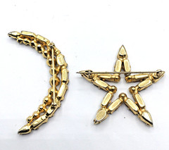 B David Clear Gold Tone Red Rhinestone Crescent Moon Star Brooch Pins