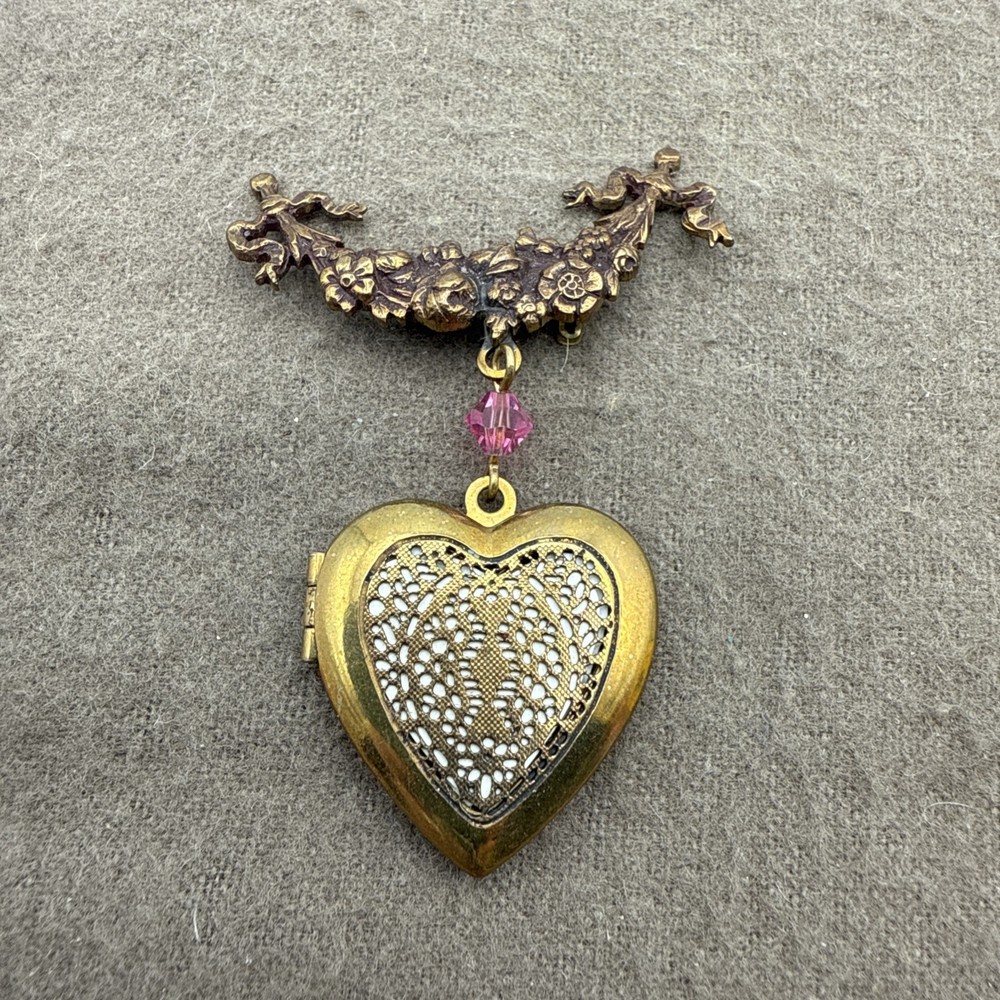 Vintage Heart Shaped Filigree Floral Pendant Pinback Locket Gold Tone
