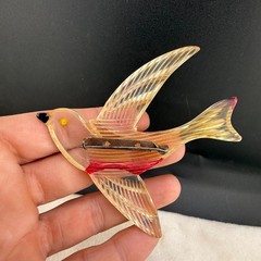 Vintage Lucite Bird Brooch Red Yellow Nice