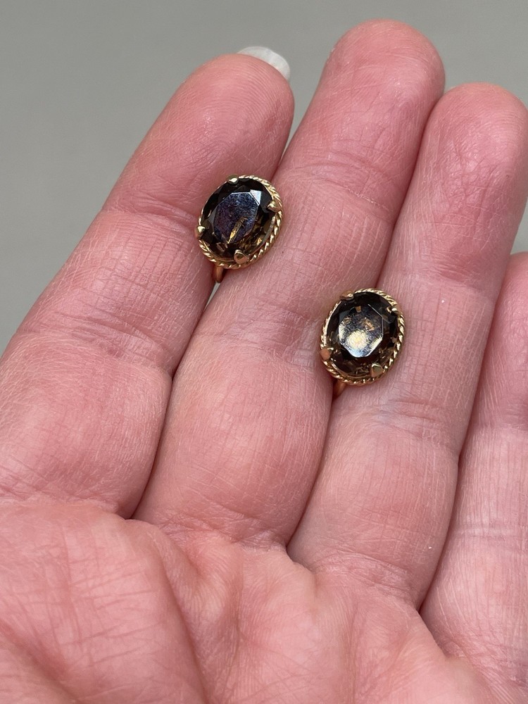 Vintage 1/20 12K GOLD FILLED Smoky Quartz Oval Stud Screwback 0.4” Earrings