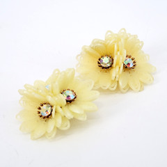 VTG Coro Cream Plastic Filigree Flower AB Rhinestone Clip On Earrings Costume