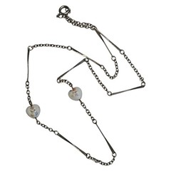 Vintage silver tone Bar Link Chain White Ceramic Hearts Station Necklace 17″