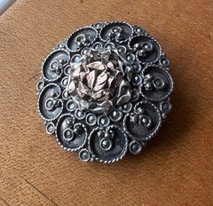 Vintage Brooch Rose Tone Flower Marcasite Pin 800 Silver 1.5″ Made in Greece