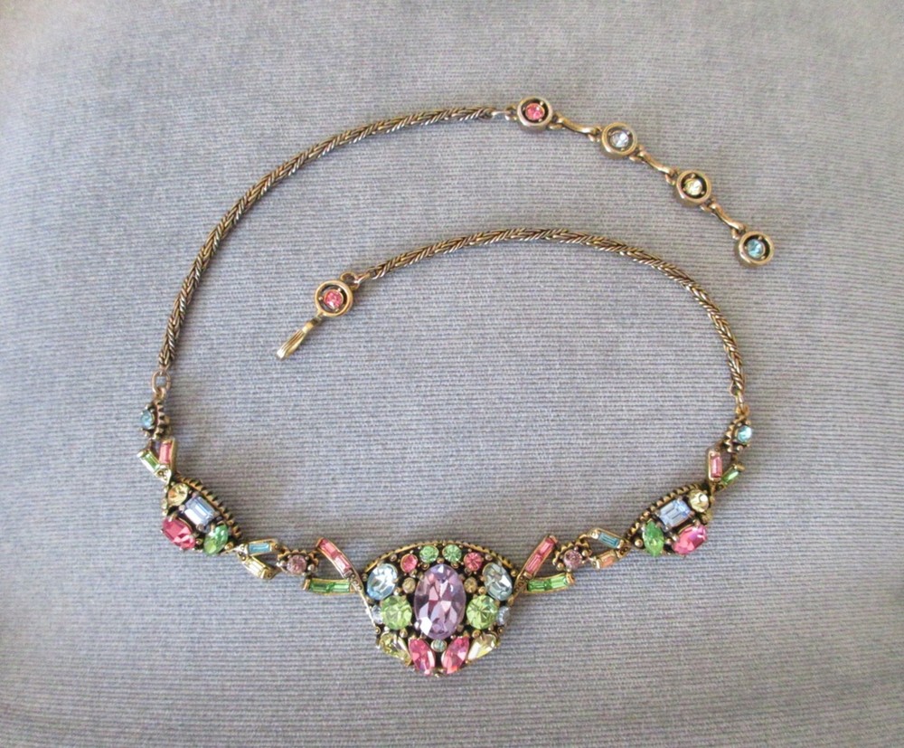 vintage signed 1955 HOLLYCRAFT NECKLACE multi color pastel rhinestones