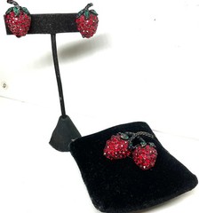 Signed WEISS Gunmetal Red Rhinestone Strawberry Brooch Pin Clip Earrings Set