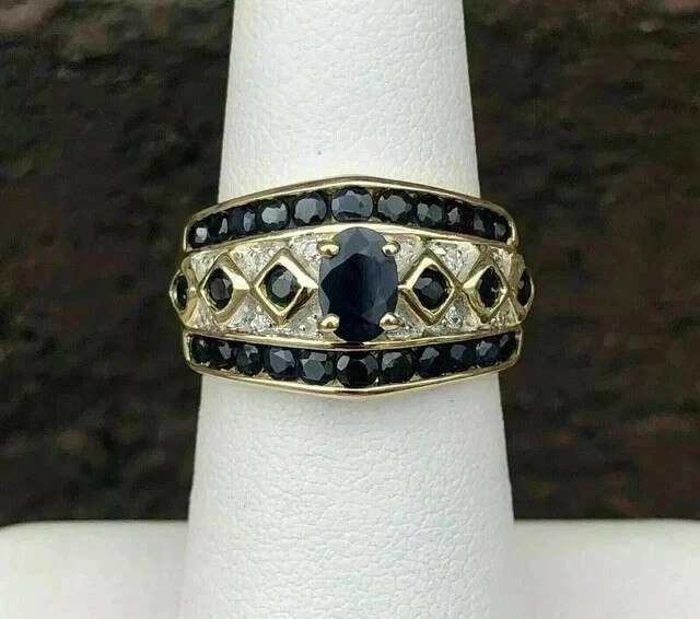 2CT Oval Cut Real Blue Sapphire Wide Pave Band Wedding Ring 14K Yellow Gold Over