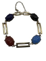 Vintage Egyptian Revival Carved Glass Scarab Bracelet Safety Chain READ