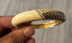 Vtg PANETTA Gold White Enamel w/ Pave Crystals Hinged Bangle Bracelet