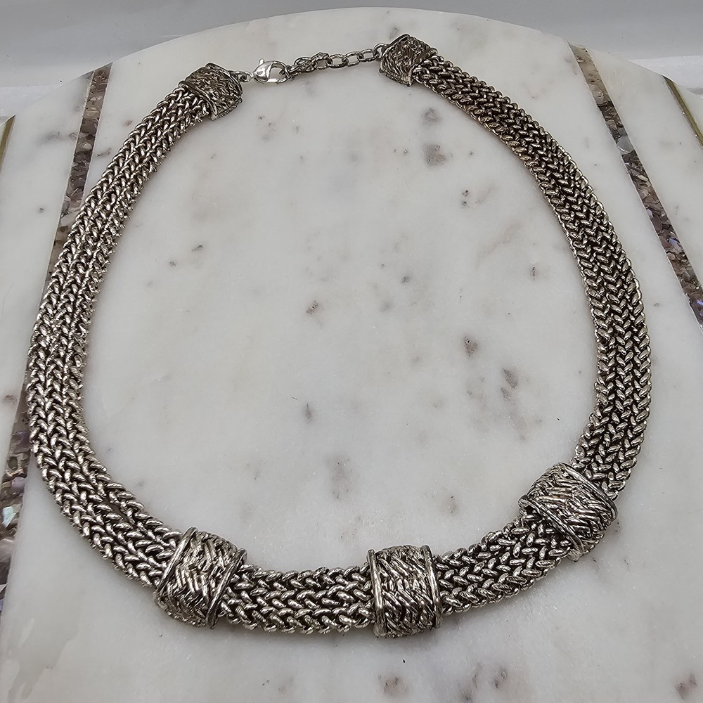 Vintage Napier Necklace Silver Tone Woven Chain Statement Textured Links Signed