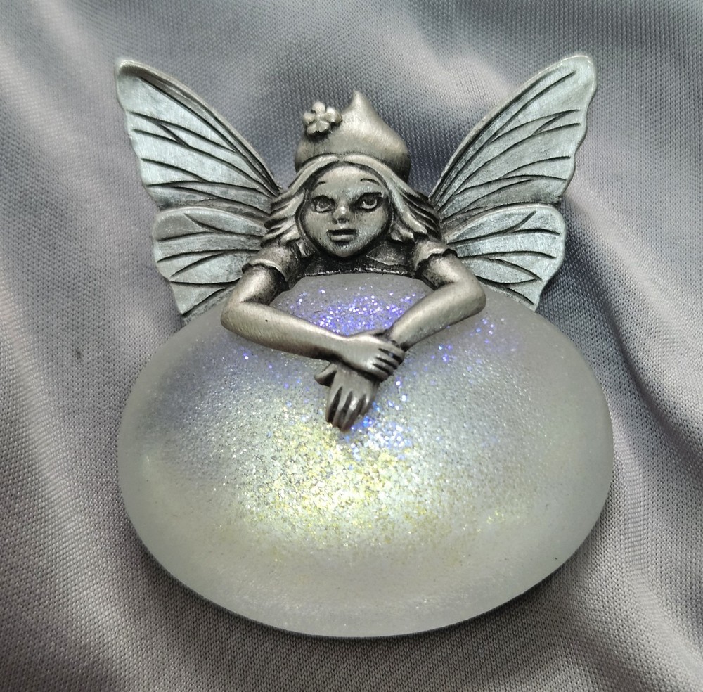 VTG JJ JONETTE Pewter Pin Brooch Winged Fairy Purple Sparkles Crystal Ball 1.75″