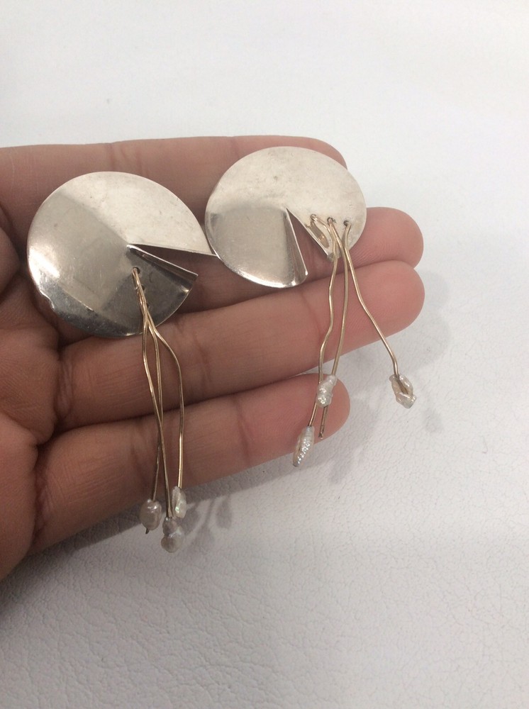 Pretty vintage modernist Artisan Studio sterling Silver 925 Hoop Pierce earrings