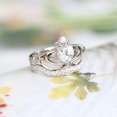 1.50Ct Heart Cut Moissanite Crown Claddagh Engagement Ring 14K White Gold Plated