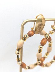 Large Vintage Beaded Hoop Drop Dangle Earrings Stud Pierced Wood Gold Tone Gift