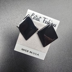 Black Enamel Diamond Shape Stud Earrings Vintage 1980s NOS On Card