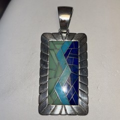 VINTAGE CAROLYN POLLACK 925 STERLING, LAPIS ,TURQUOISE INLAY MOSIAC PENDANT