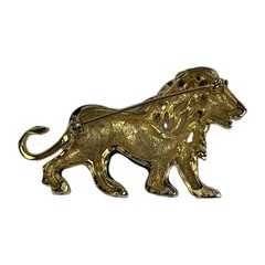 Lion Brooch Pin Gold Tone Black Enamel Cutout Mane 2 3/4″ (L) 1 3/4″ (H) VTG EX
