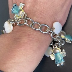 Love Hope Faith Angels Mother of Pearl Hearts Vintage Charm Blue Enamel Bracelet