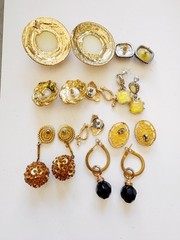 Lot of 8 Pairs Vintage Gold Tone Statement Earrings Faux Pearl Rhinestone Enamel