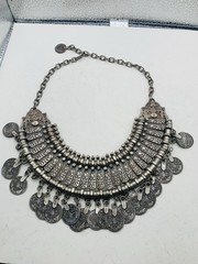 Vintage Silver Tone Boho Ethnic Tribal Coin Coachella Fringe Statement Necklace