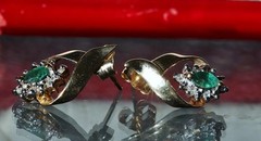 10k yellow gold 0.18c natural diamond earrings emerald dangle treated 1.95g 3219