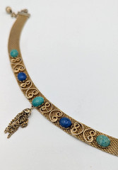 Vintage Gold Tone Mesh Choker Tassel Necklace Lapis Jadeite Stone Cabochons
