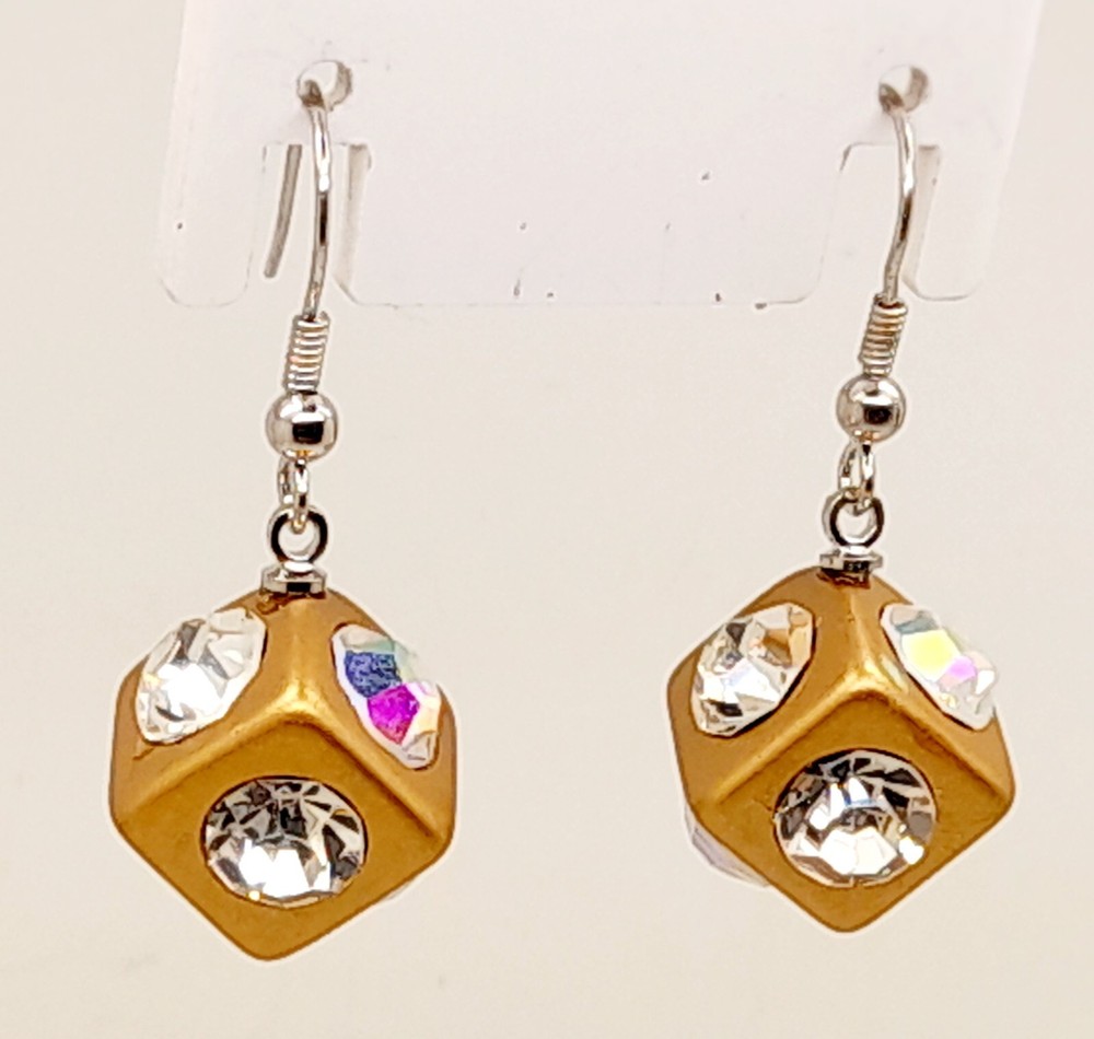gold tone metal Acrylic clear Rhinestone drop dangle Dice shape Pierced Earrings