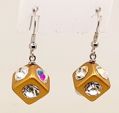gold tone metal Acrylic clear Rhinestone drop dangle Dice shape Pierced Earrings