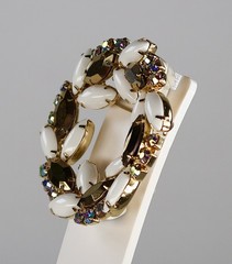 Vintage Rhinestone Wreath Brooch Milk Glass AB Stones Gold Navettes Gold Tone