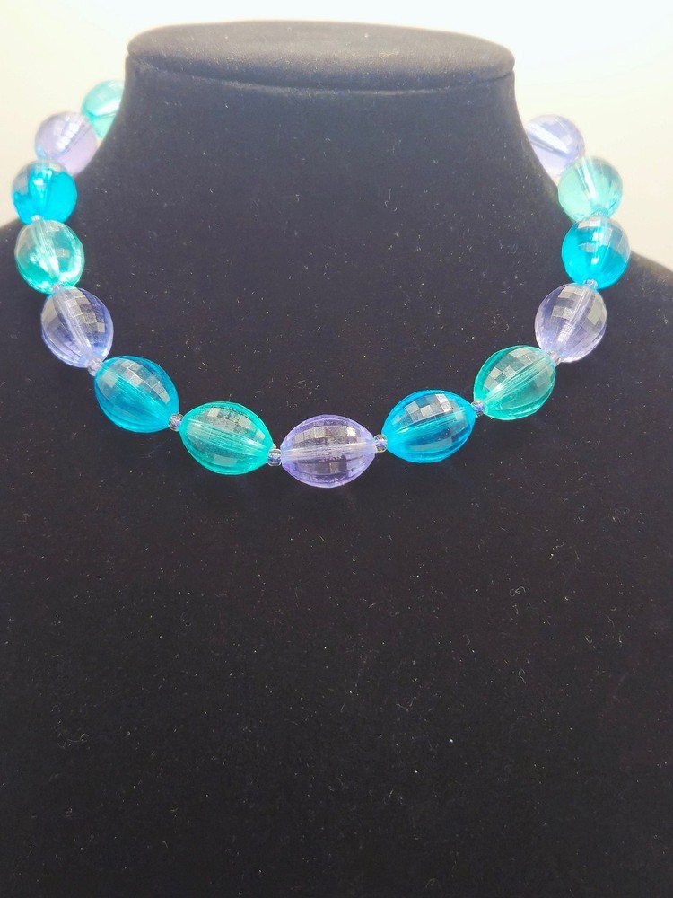 Vtg Lucite Aqua and Purple Graduated Bead Necklace with Brass Clasp