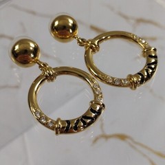 Vintage Jackie Collins Earrings Dangle Hoop Rhinestones Black Enamel Pierced
