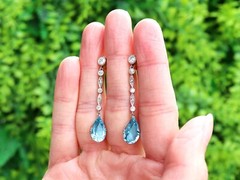Antique 3.45Ct Aquamarine and 0.60Ct Diamond, Platinum Drop Earrings Circa 1925